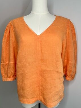 Velvet Graham & Spencer Linen Orange V-Neck Puff Sleeve Top XS